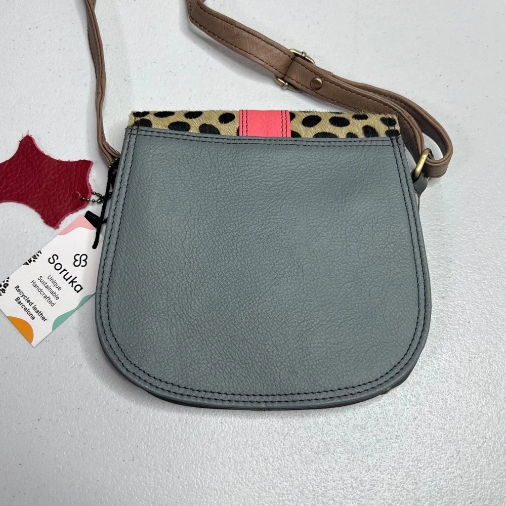 Soruka Ferrara Leather Crossbody Bag Green Pink Calf Hair Animal Print Purse NEW